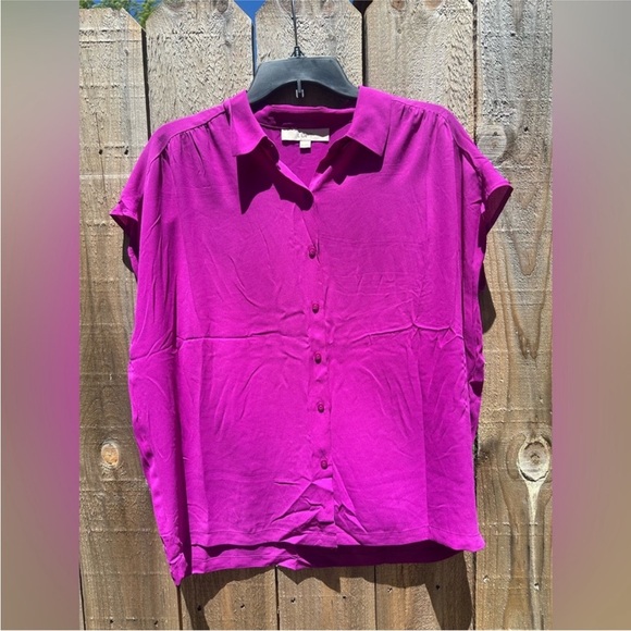 LOFT Fuchsia Pink Button Down Blouse Women’s Medium | Collared Short Sleeve Top - Picture 2 of 9